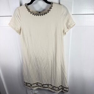 MM Couture by Miss Me Beautiful Cream Metal Beaded Design Shift Dress Small‎